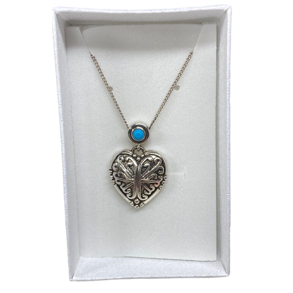 Silver Tone Heart Pendant Turquoise Bead Vintage Costume Jewelry Necklace